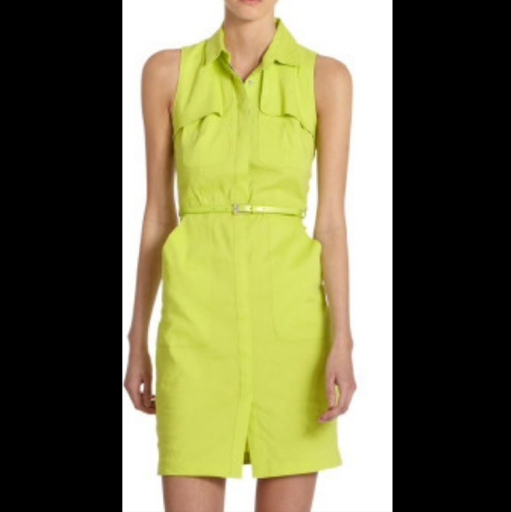 Elie Tahari Gianna Shirt Dress Chartreuse Neon Green Linen Preppy Pockets Casual